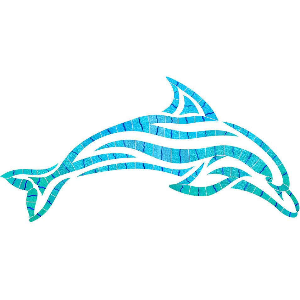 Blue mosaic dolphin design on a white background