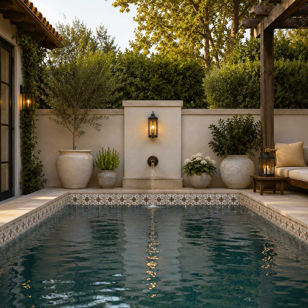 Outdoor pool area with fountain, plants, and seating area.