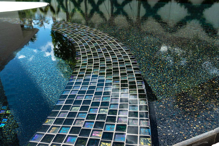 Moonlight Iridescent Glass Tile Mosaics Installed Around Spa and Trim