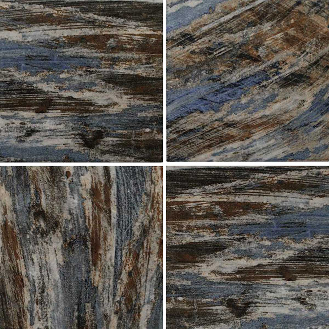 Aquatica Paint II Series 6x6 porcelain pool tile with a painterly, textured pattern in blue, gray, brown, and green tones, shown in a repeating layout.