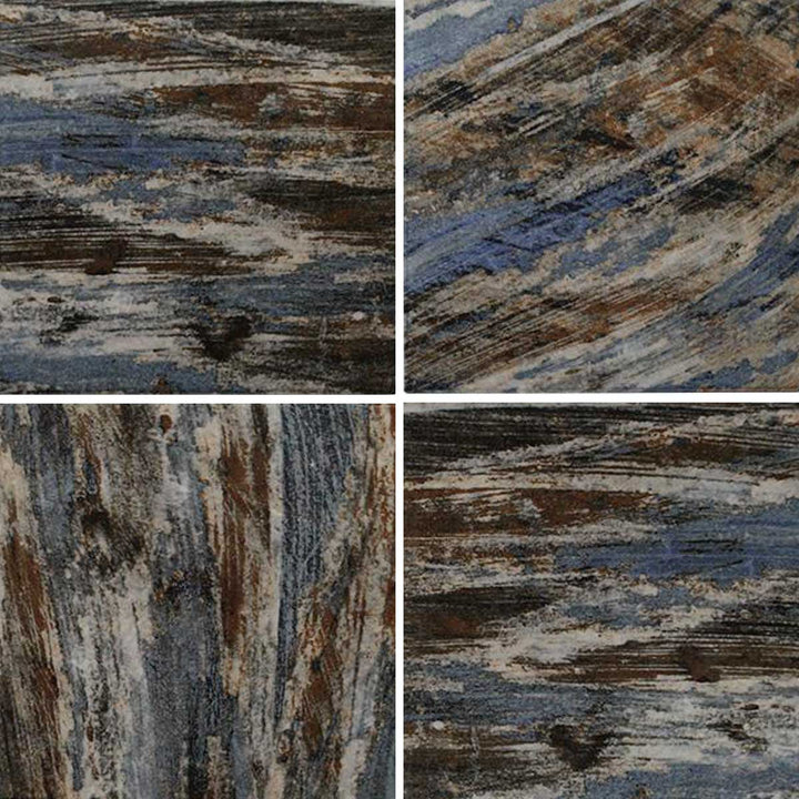 Aquatica Paint II Series 6x6 porcelain pool tile with a painterly, textured pattern in blue, gray, brown, and green tones, shown in a repeating layout.