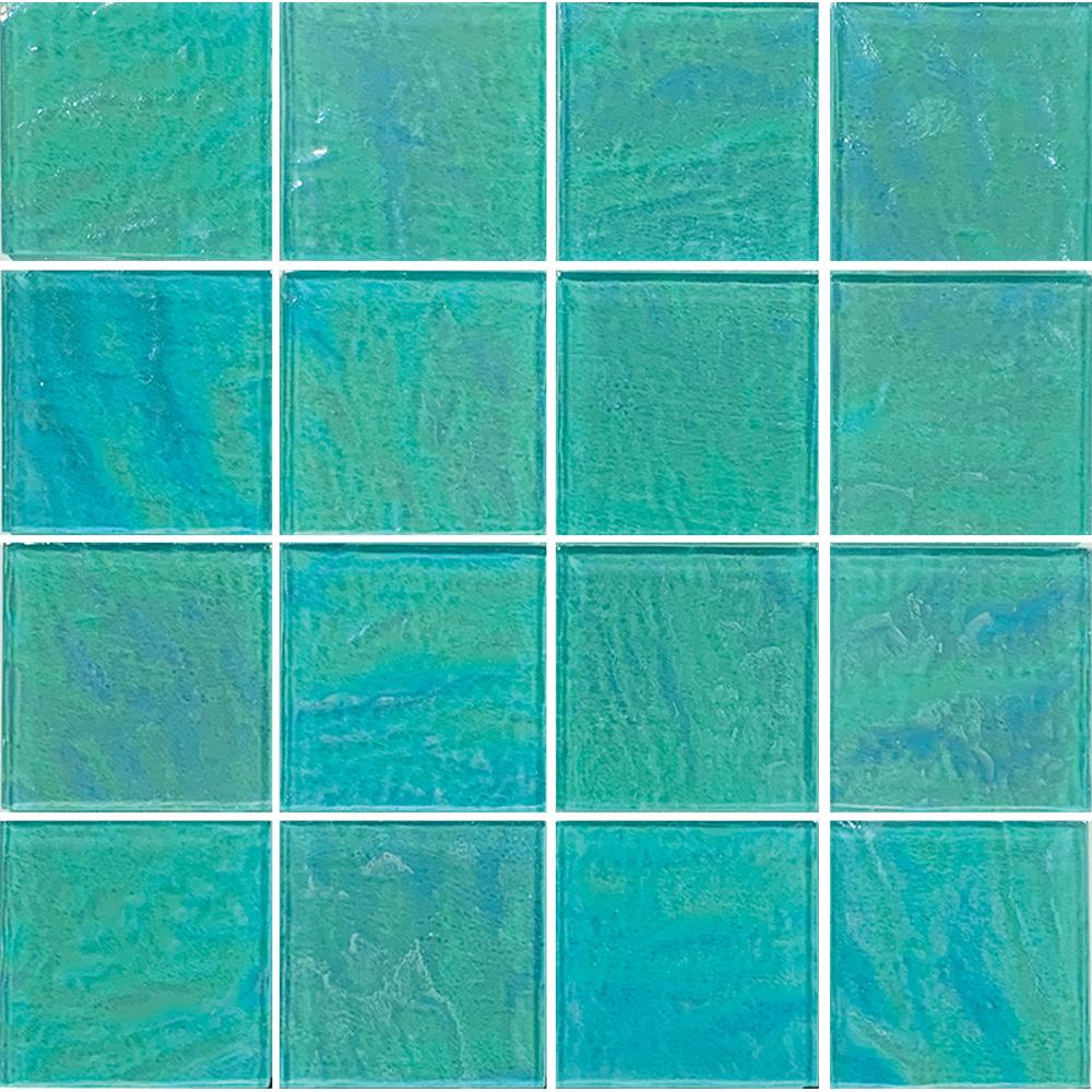 Grid of teal mosaic tiles with a textured surface
