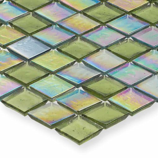 Iridescent glass mosaic tiles on a white background