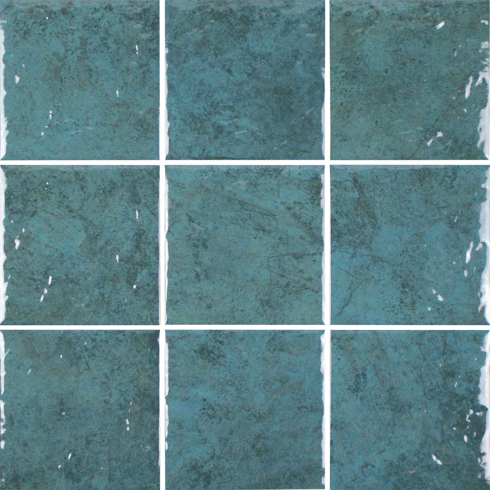 Nine square tiles with a teal marble pattern