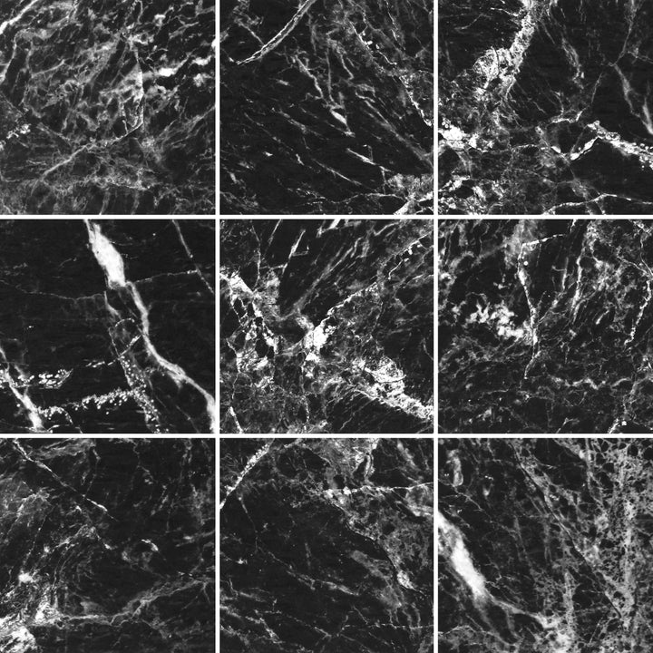 Nine square tiles showing a black and gray marble pattern.