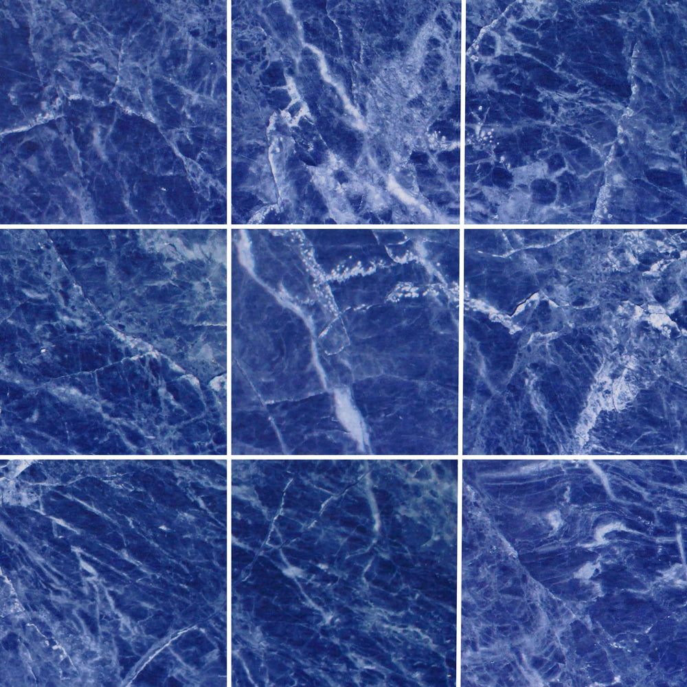 Nine square tiles with a blue marble pattern