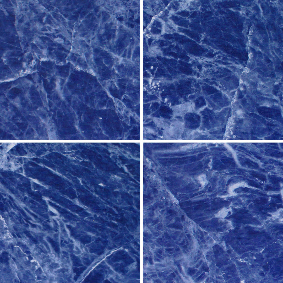 Cobalt blue marble look porcelain pool tile with white veining in a 6x6 square format
