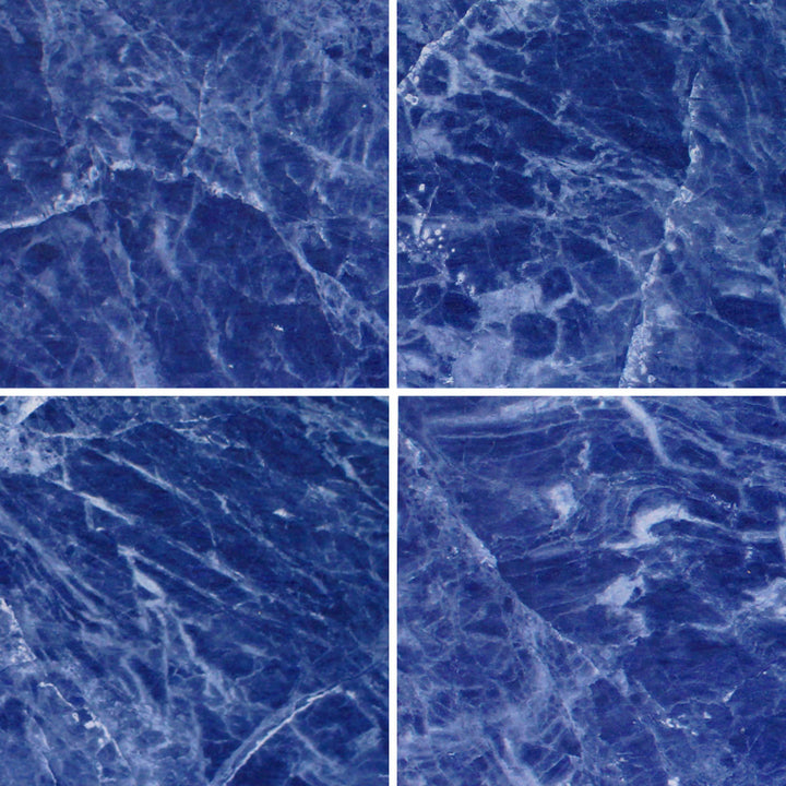 Cobalt blue marble look porcelain pool tile with white veining in a 6x6 square format
