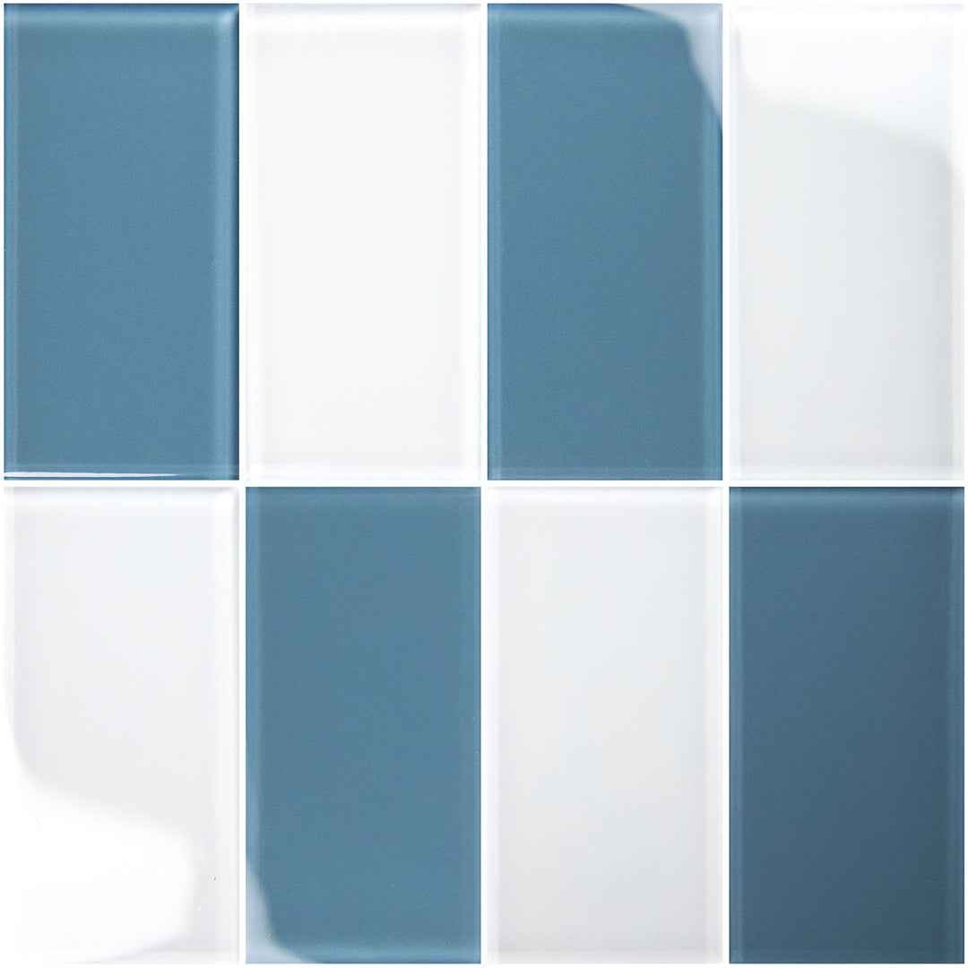 Blue and white rectangular glass mosaic tiles arranged in a grid pattern.
