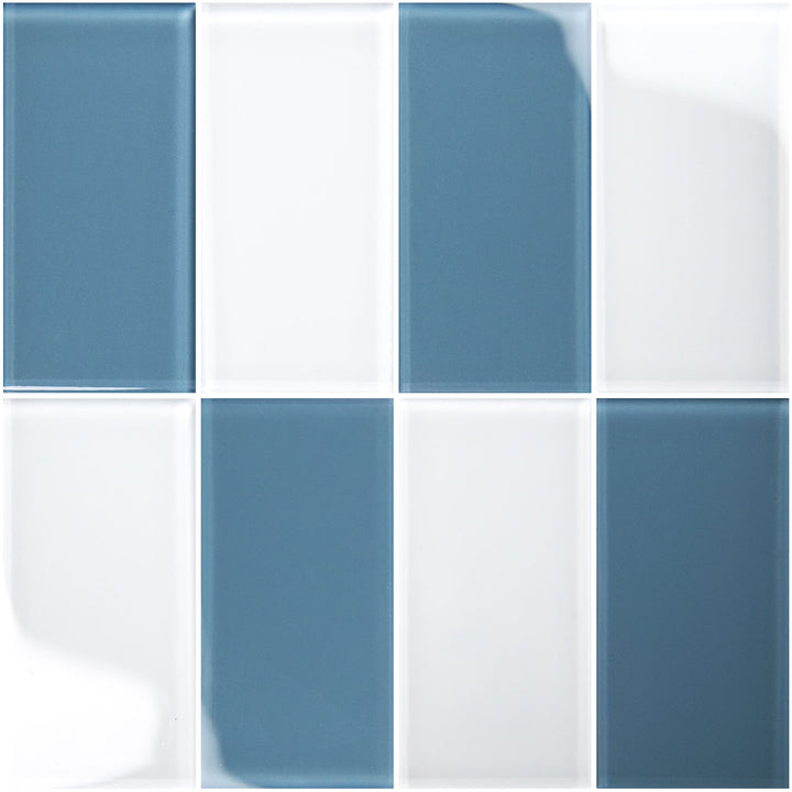 Blue and white rectangular glass mosaic tiles arranged in a grid pattern.