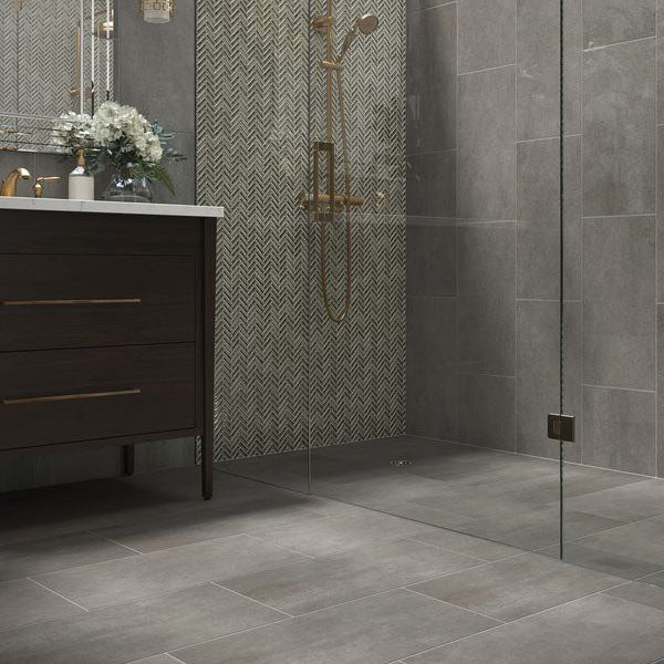 Steel Gray 12x24 Porcelain Tile Shower Floor and Wall