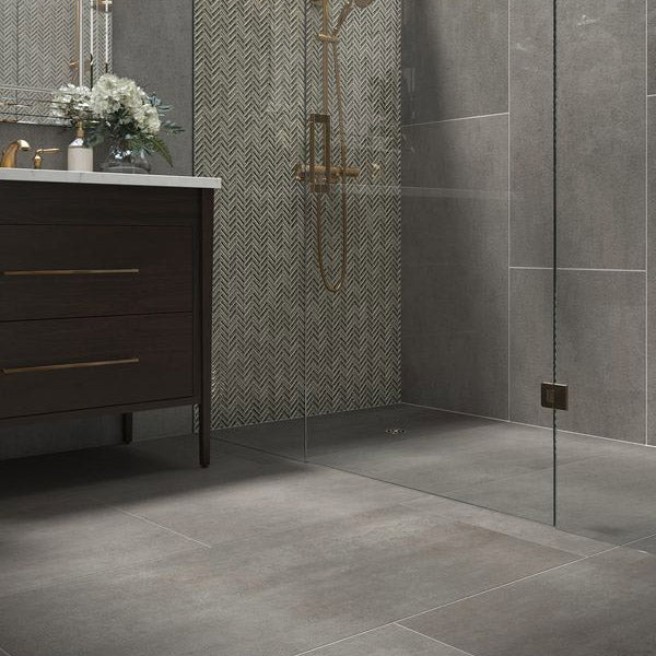 Steel Gray 24x48 Porcelain Tile Shower Floor and Wall
