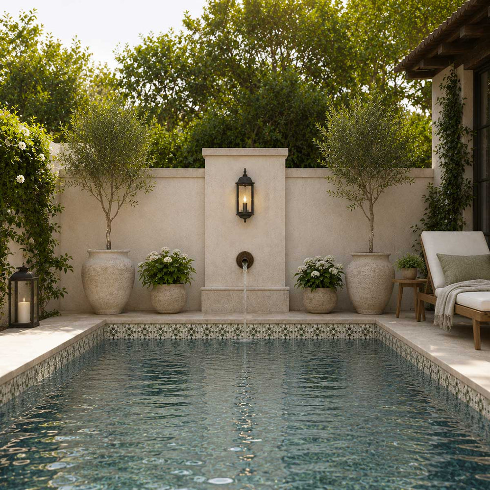 Pool area with a water feature, potted plants, and outdoor seating.