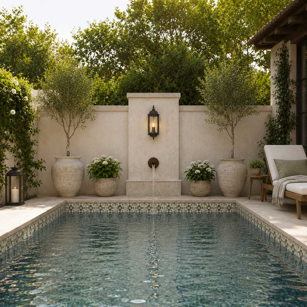 Pool area with a water feature, potted plants, and outdoor seating.