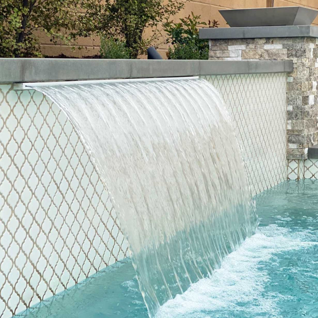 White Matte Arabesque Lantern Pool Tile on Waterfall