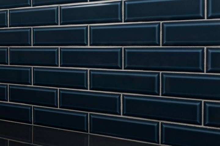 indigo Blue 3x9 Subway Ceramic Tile Installed on Wall