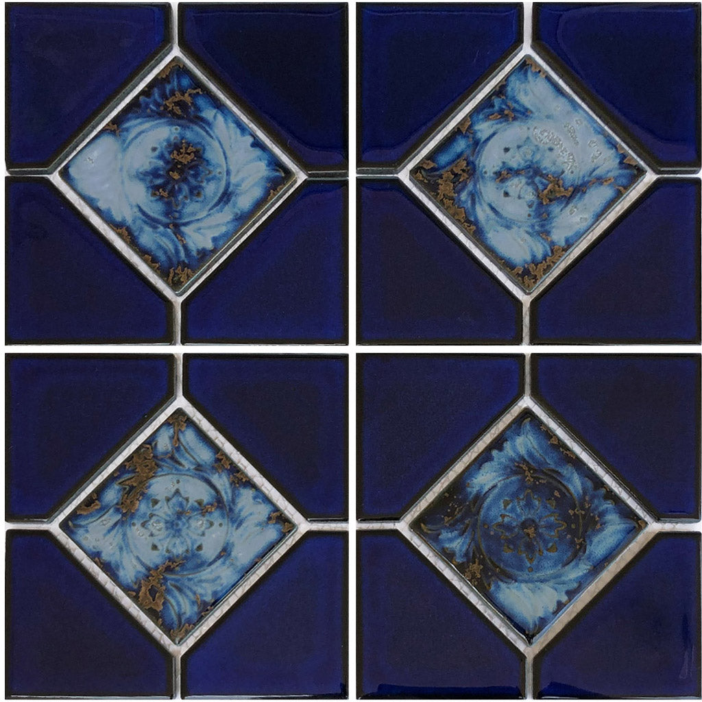 Royal Blue, Flower Gold 6" x 6" Decorative Porcelain Pool Tile