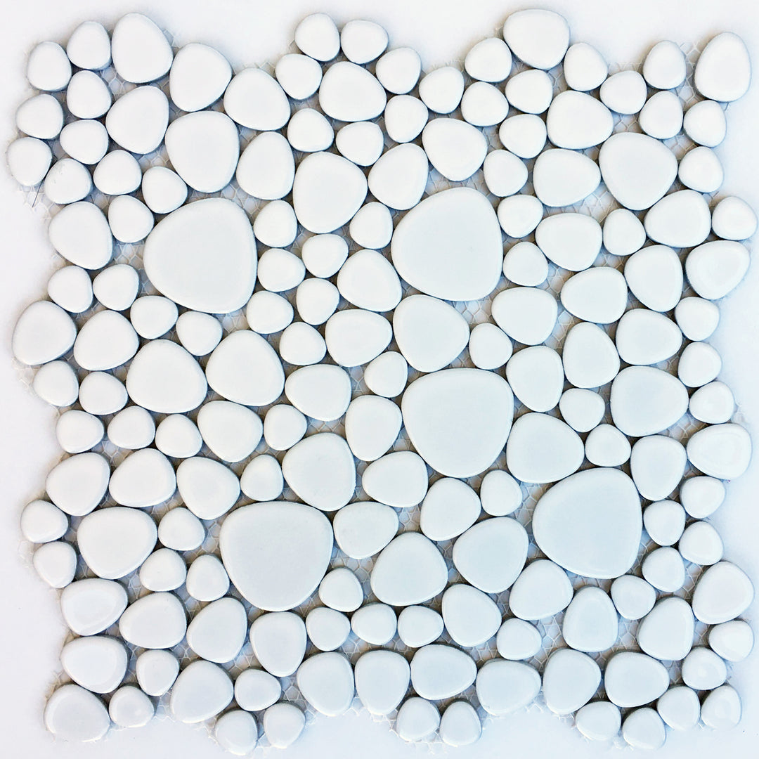 White Pebble Stone Glossy Porcelain Pool Tile | Shower | Beach Entry | Spa | Backsplash