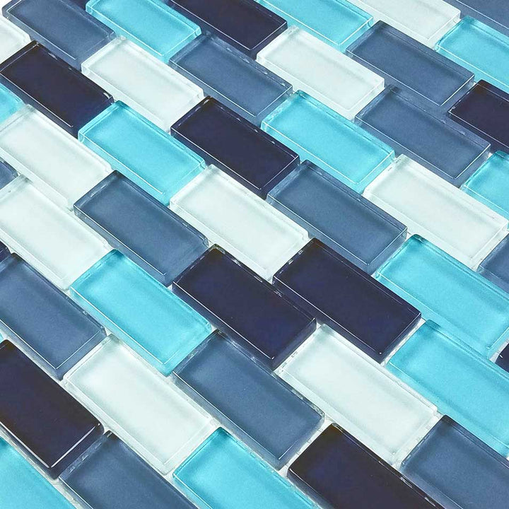 Aqua Blue Blend Mix 1X2 Waterline Glass Pool Tile