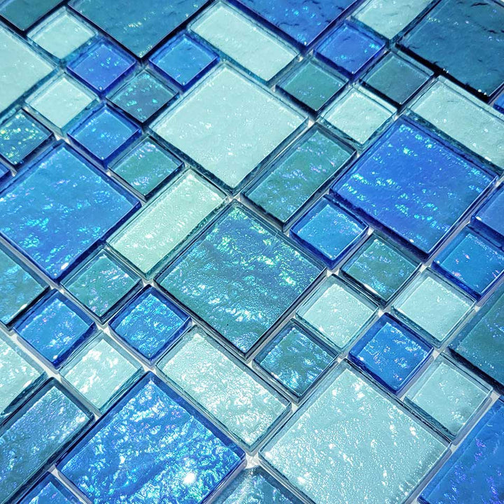 Aqua Blue Blend Random Blocks Waterline Glass Tile