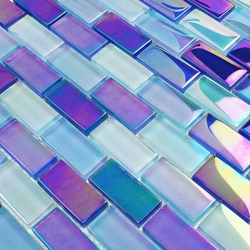 Aqua Blue Mix Iridescent 1x2 Glass Tile