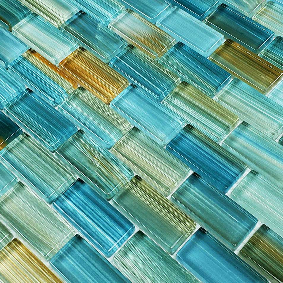 Aquamarine Blend 1x2 Waterline Glass Pool Tile