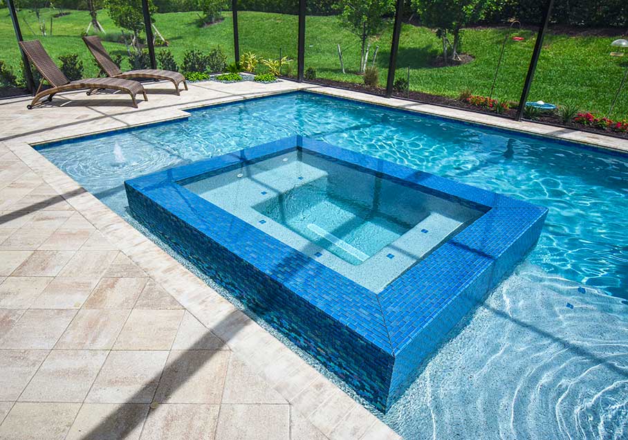 Azure Iridescent Glass Pool Tile Around Raised Spa