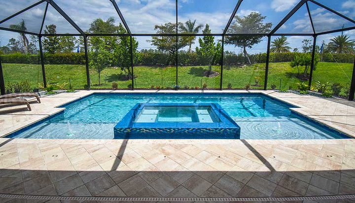 Azure Iridescent Glass Tile Installed on the Waterline and Spa