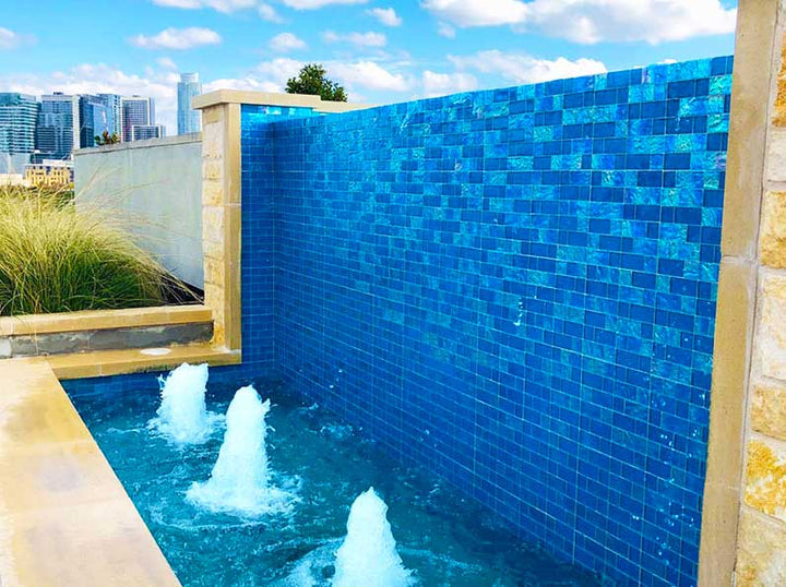 Azure Iridescent Glass Tile on a Fountain