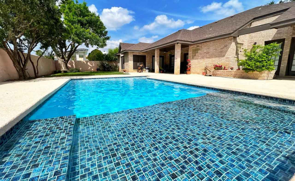 Blue Blend Random Block Porcelain Tile Installed on Tanning Ledge After