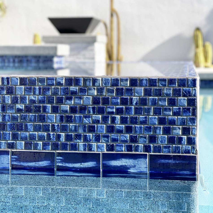Blue Wave Crest 1x1 Porcelain Pool Tile - Raised Spa