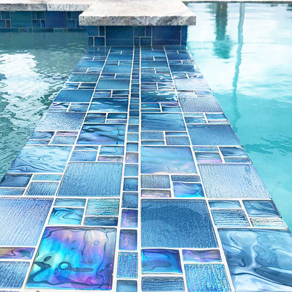 Catalina Island Blue Iridescent Glass Pool Tile Spillway