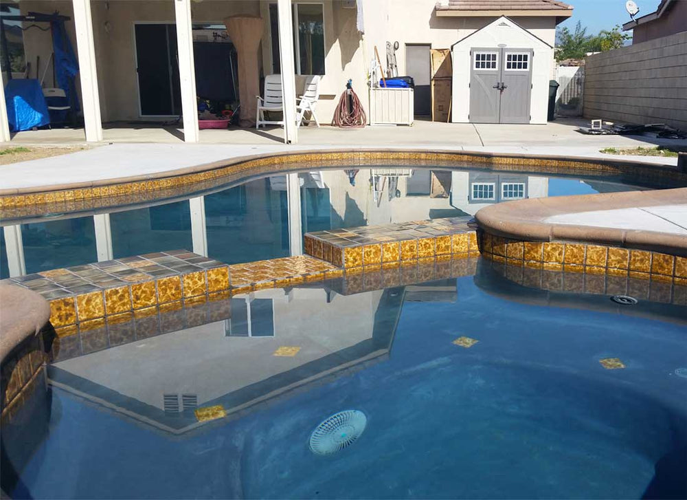 Gold Water Waves 3x3 Porcelain Pool Tile on Waterline and spa