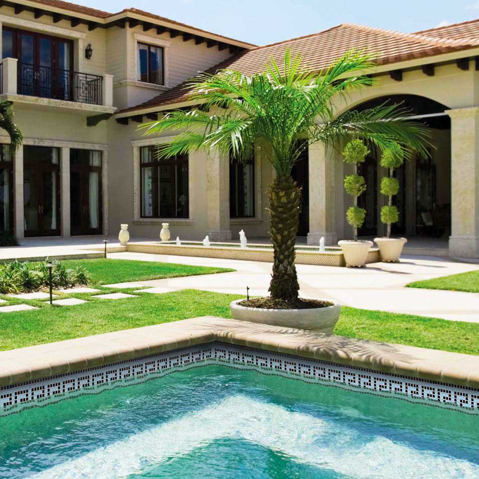 Greek Key Black White 5/8" x 5/8" Glass Tile Around The Pools Waterline