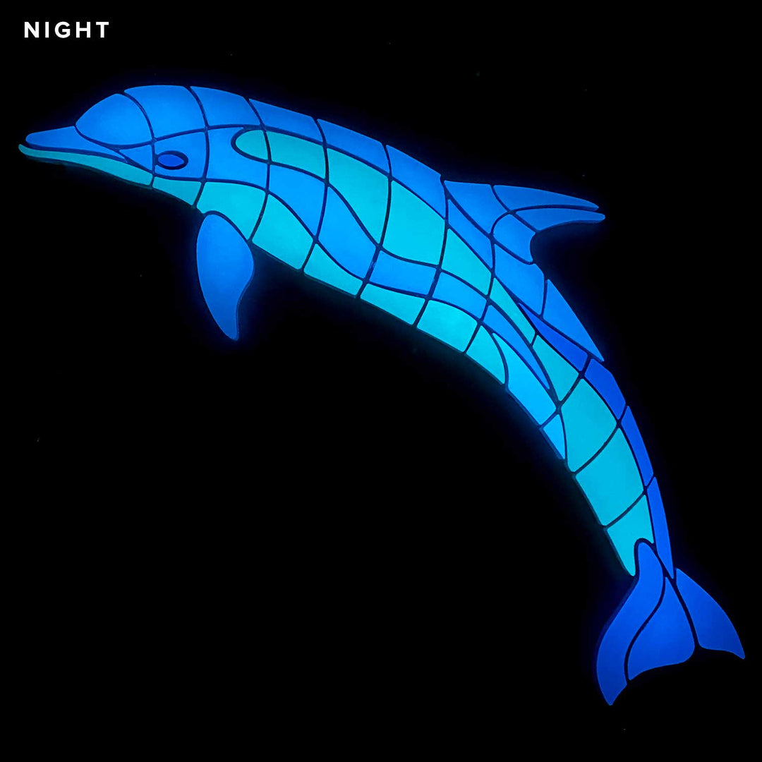 Jumping Dolphin Facing Left Glow in the Dark Pool Mosaic Night Time