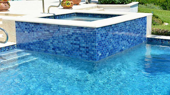 Misty Blue Subway Glass Pool Tile on the Spa