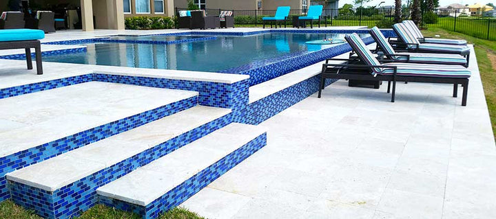 Royal Blue Mix 1x2 Glass Tile Around Pool and Steps