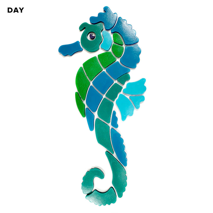 Seahorse Blue Glow in the Dark Pool Mosaic Facing Left Daytime