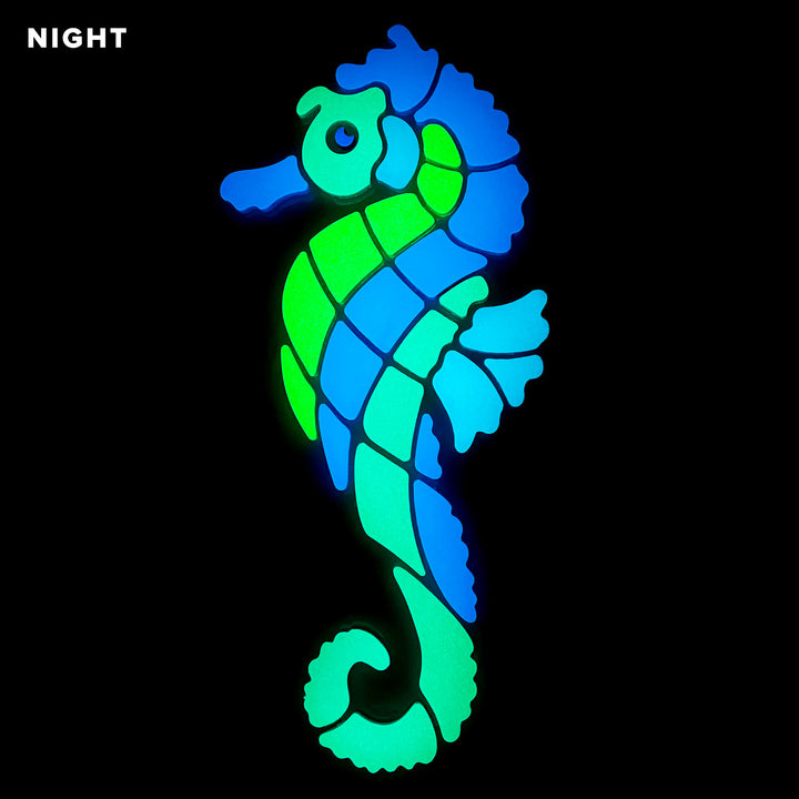Seahorse Blue Glow in the Dark Pool Mosaic Facing Left Night Time