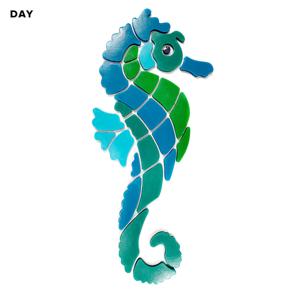 Seahorse Blue Glow in the Dark Pool Mosaic Facing Right Daytime