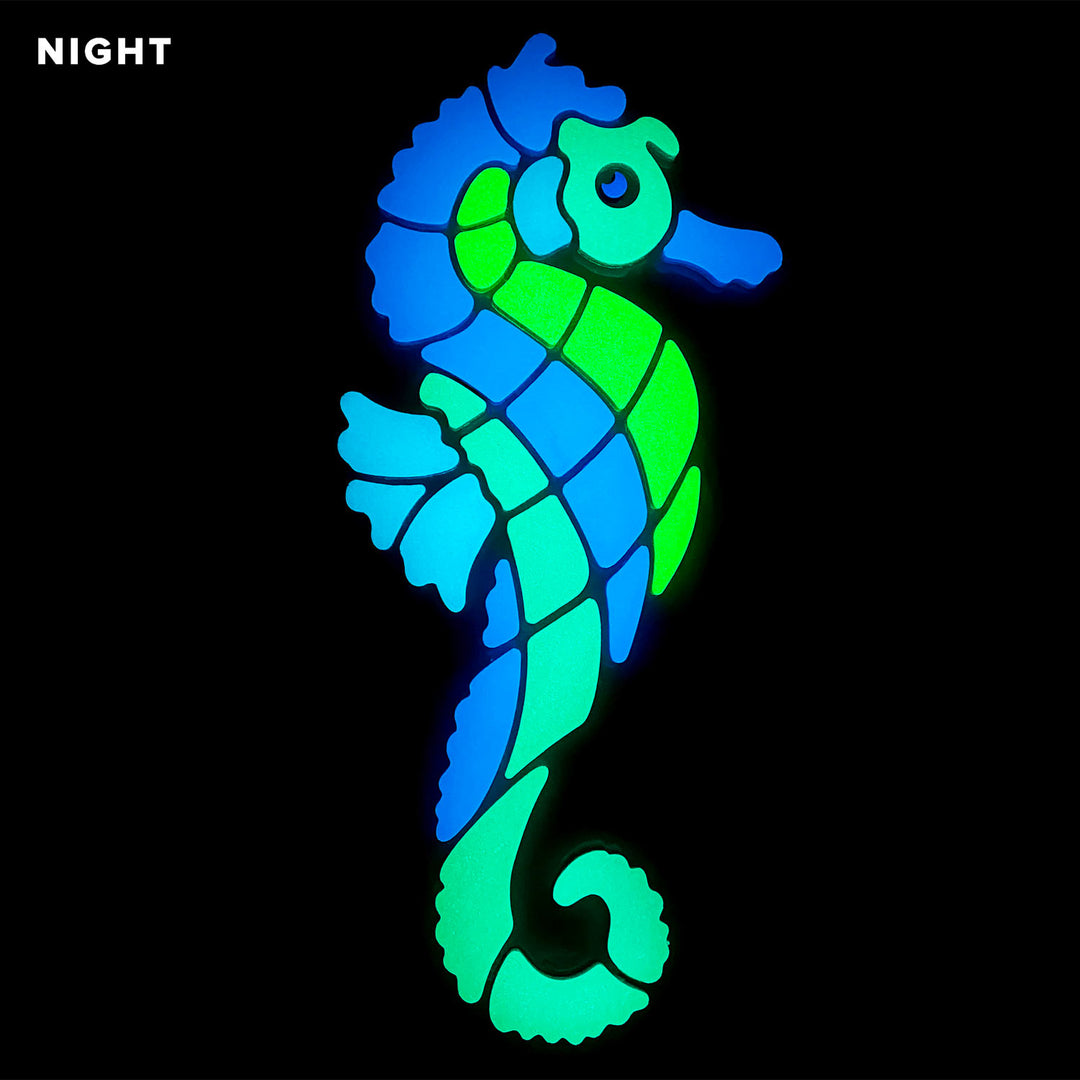 Seahorse Blue Glow in the Dark Pool Mosaic Facing Right Night Time