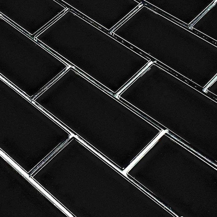 Solid Black Subway Waterline Glass Pool Tile