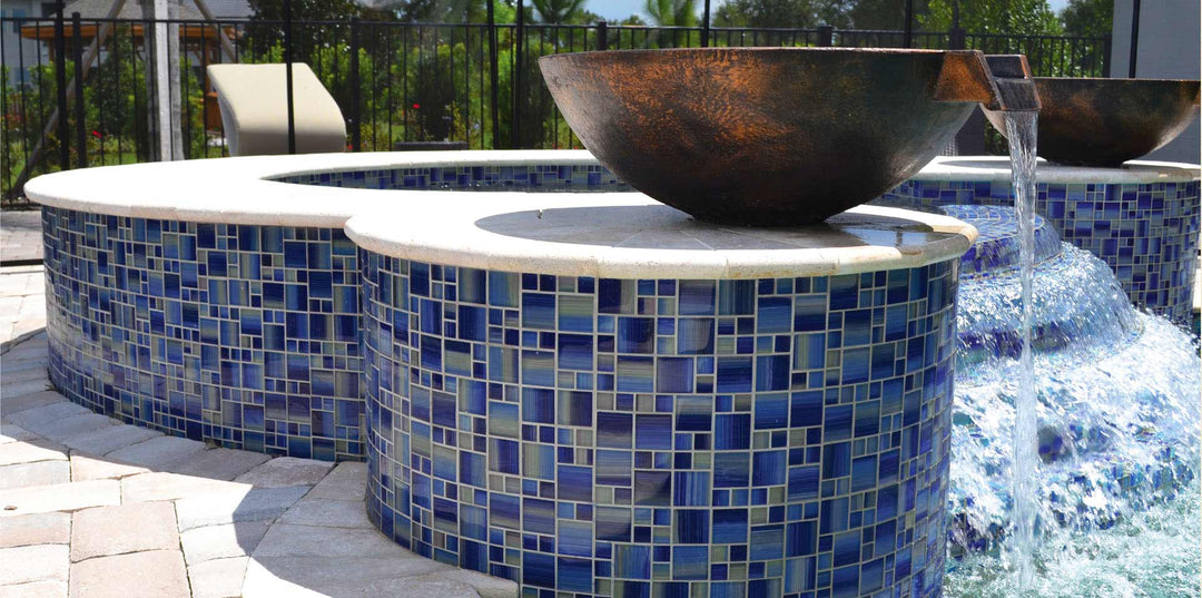 Steel Dark Blue Mixed Glass Pool Tile on Water Feature