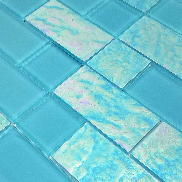Turquoise Iridescent Mixed Waterline Glass Pool Tile