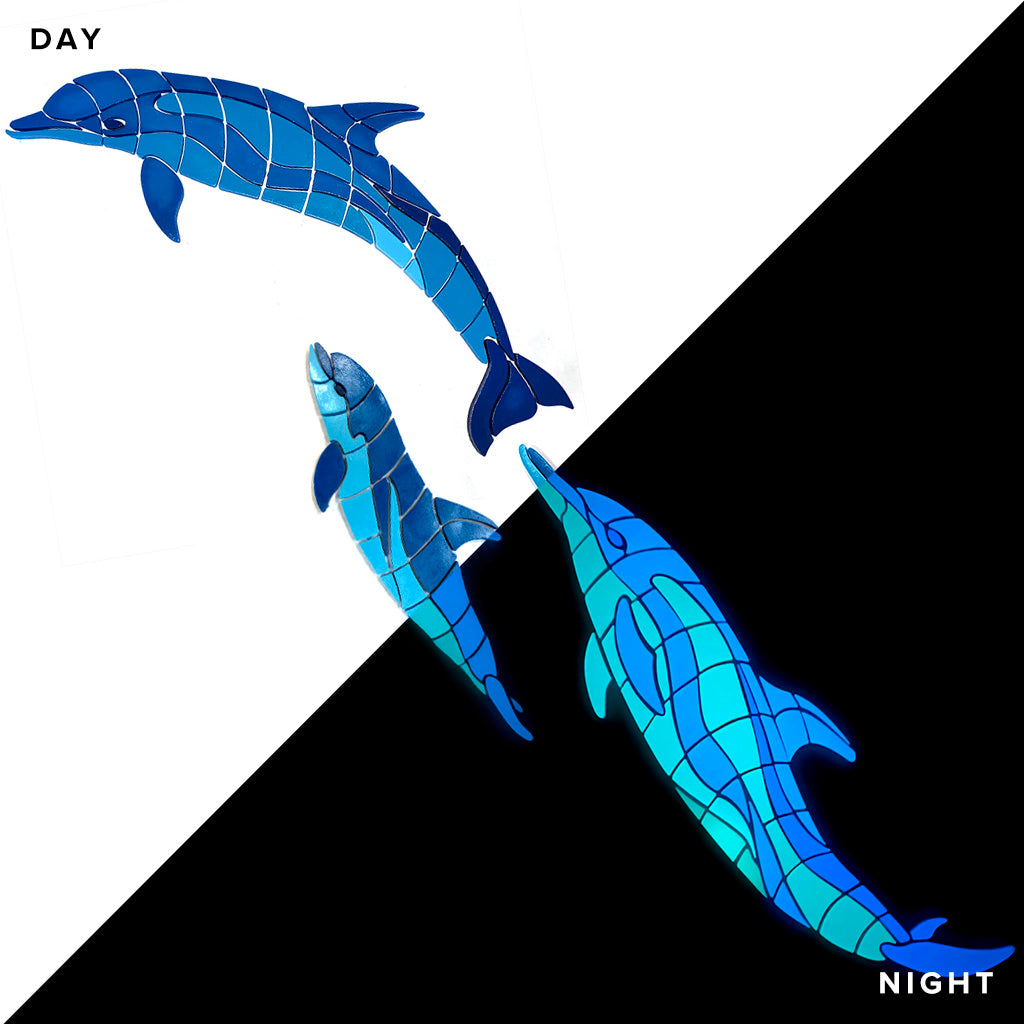 Wave Dolphins with Baby Left Glow in the Dark Pool Mosaics